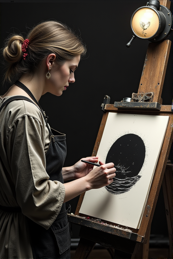 A woman concentrates while drawing a black circle with white lines on paper.