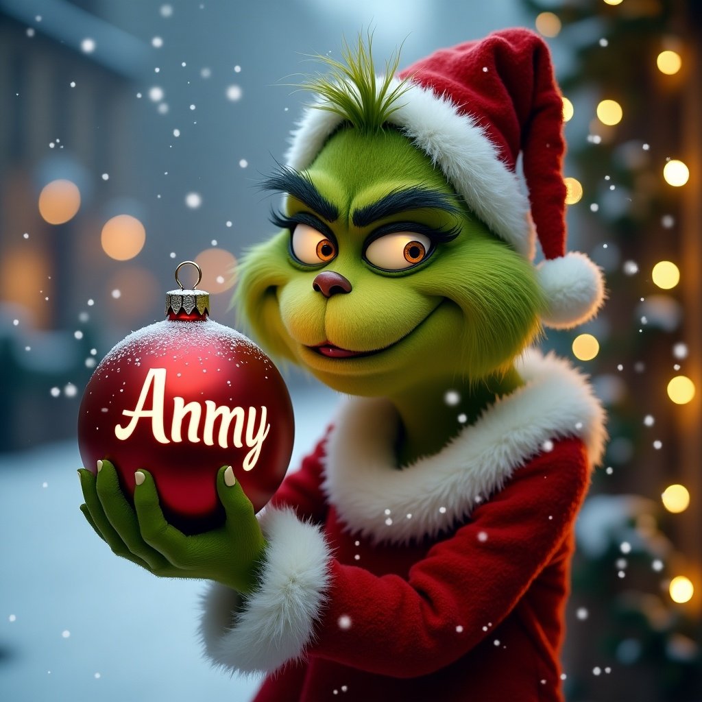 Grinch character holding a Christmas bauble with name Amy. Snowy background decorated with Christmas lights.