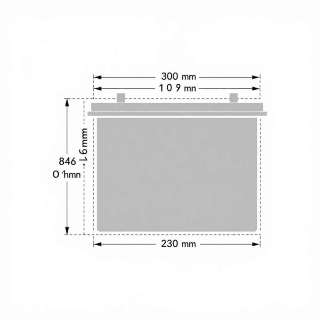 Illustration showing dimensions for an ebike battery. Measurements are clearly marked as follows: 300 mm for width, 222 mm for height from point 2 to point 3, 350 mm for length from point 3 to point 4, and final connection back to point 1. A rectangular shape is formed for clarity in battery sizing.