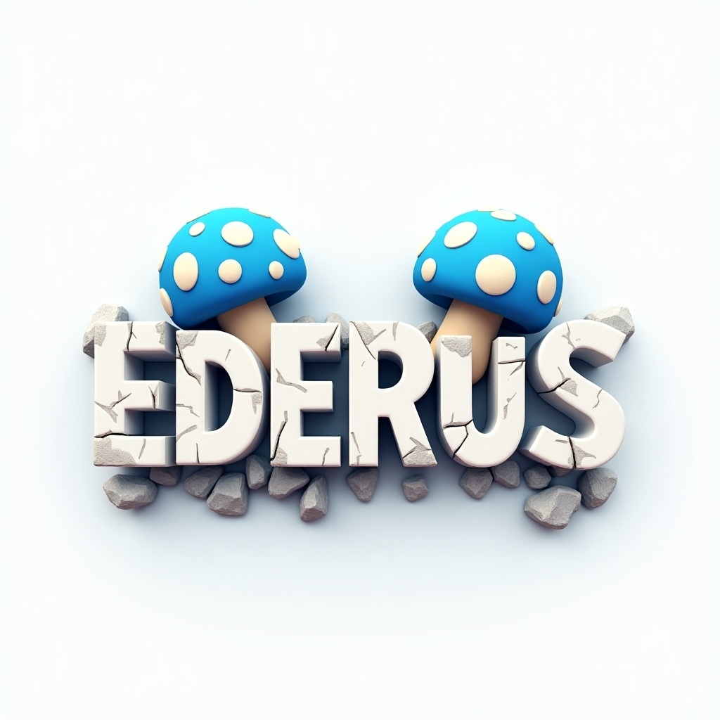 3D logo for EDERUS with bold cracked white text. Two blue mushrooms with white spots behind the text. Small debris scattered around base. Simple character above text. Clean color palette of white, blue, gray. Transparent background.