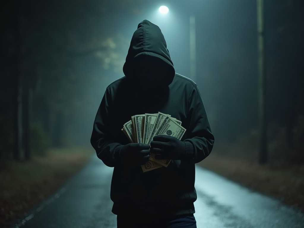 A silhouetted figure stands on a dark, rain-slicked road, holding stacks of cash in their hands. The person is dressed in a hooded sweatshirt, blending into the shadows of the night. A solitary streetlight casts an eerie glow, illuminating the wet pavement. The scene conveys a sense of mystery and suspense. The viewer is left to wonder about the story behind this moment.