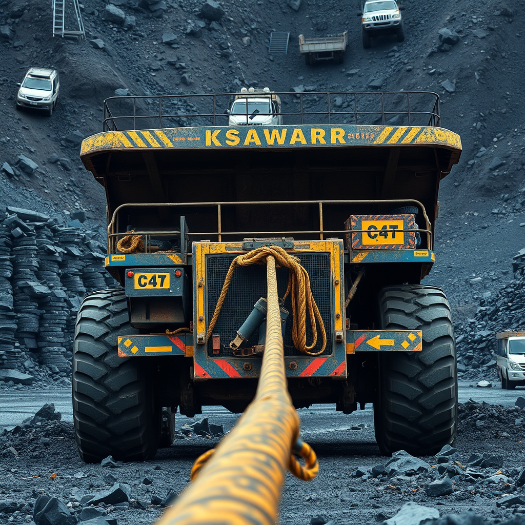 A large yellow mining truck is prominently displayed in a rocky landscape, with a thick rope extending from it.