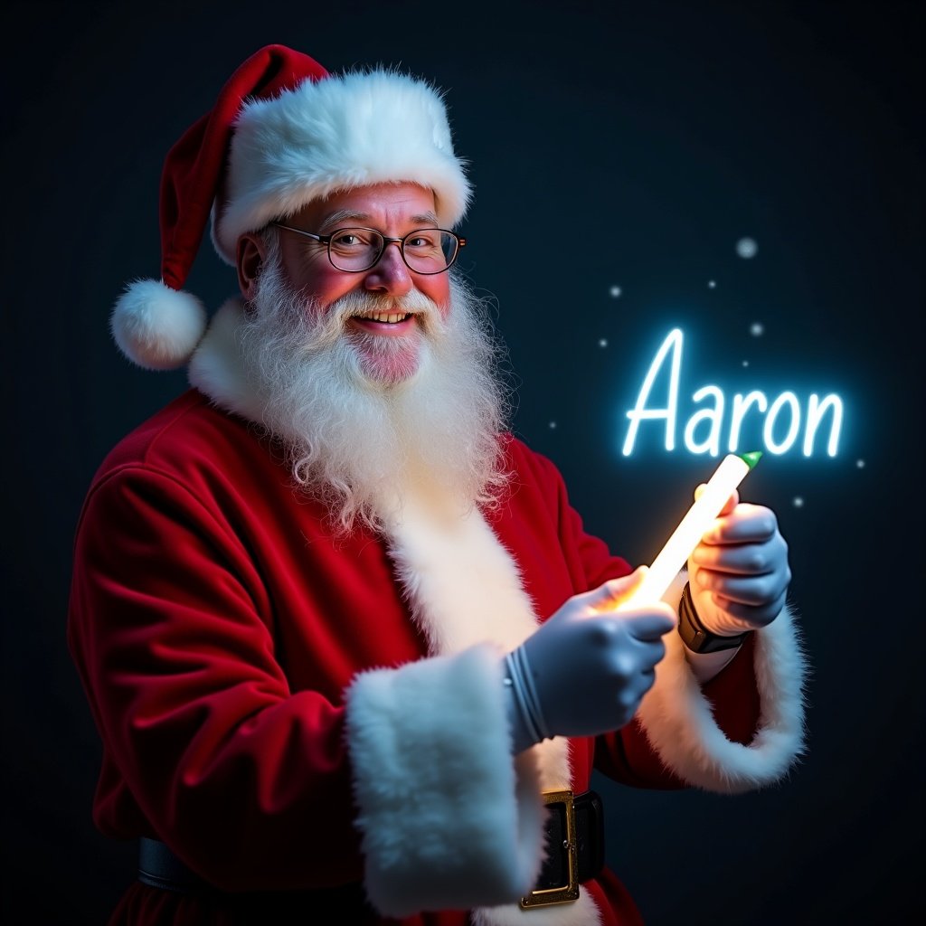 Image of Santa Claus wearing a traditional red and white suit. Santa is joyfully holding a glow stick displaying the name 'Aaron'. The background is dark, enhancing the glow of the stick. The image conveys the magic of Christmas.