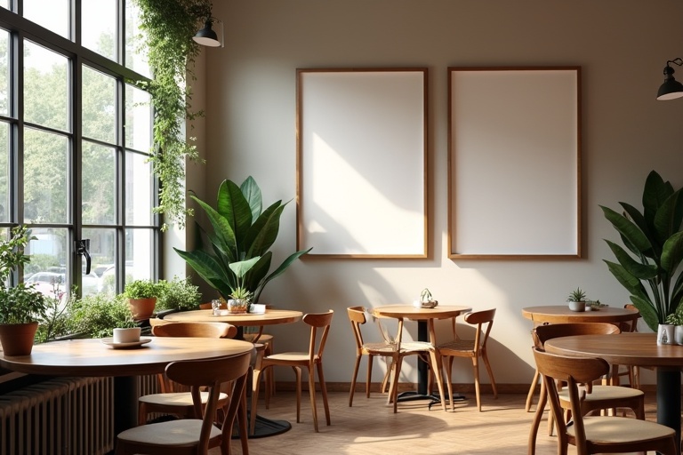 Charming café interior with natural light. Big windows create a warm inviting environment. Two empty frames are on the wall. Green plants enhance the relaxing vibe. Wooden Italian tables with chairs provide a modern touch.