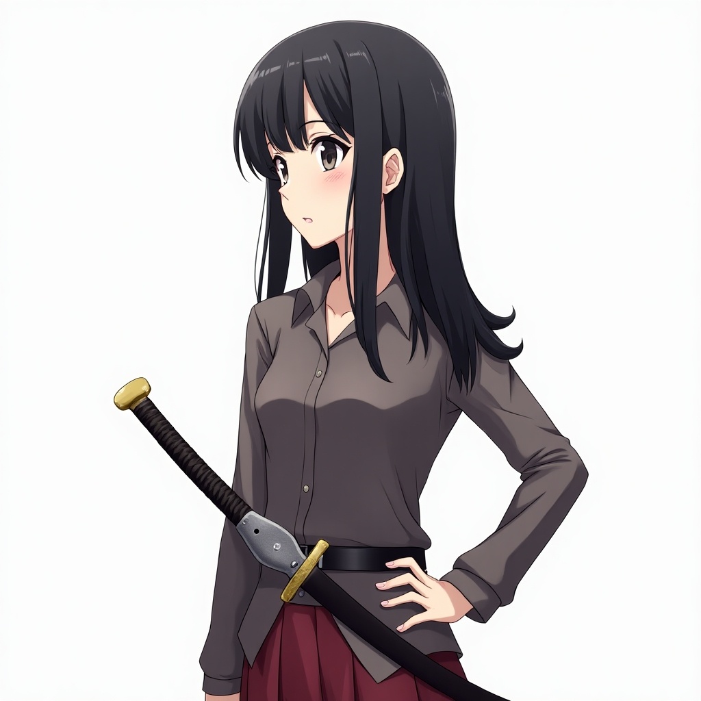 Anime girl with black hair. She has a sheathed sword at her left hip. Left hand gripping the hilt. Right hand bent at the elbow. Eyes looking to the right but facing forward.