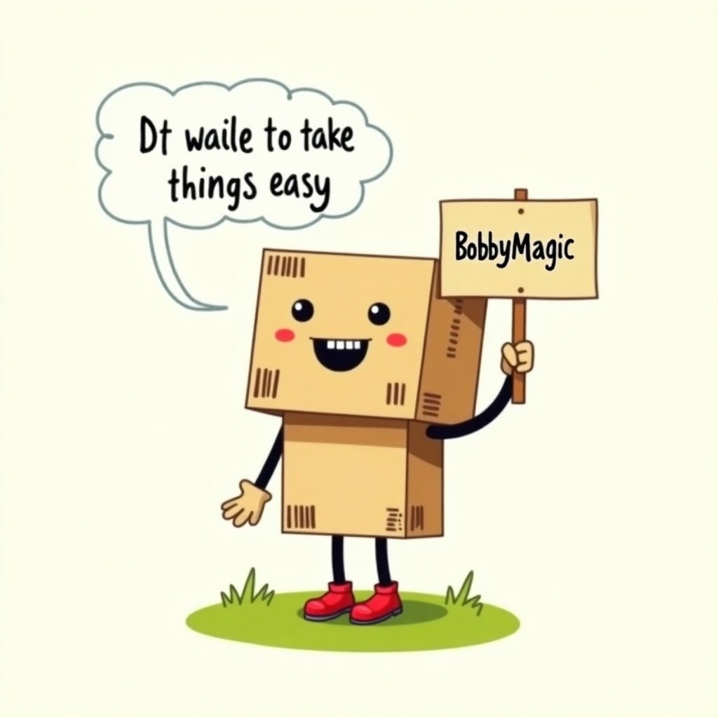 Charming cartoon illustration of a cardboard box character. Character has a friendly smile and rosy cheeks. Stands on grassy background. Wears red shoes and holds a sign with 'BobbyMagic'. Conveys a gentle reminder to take things easy.