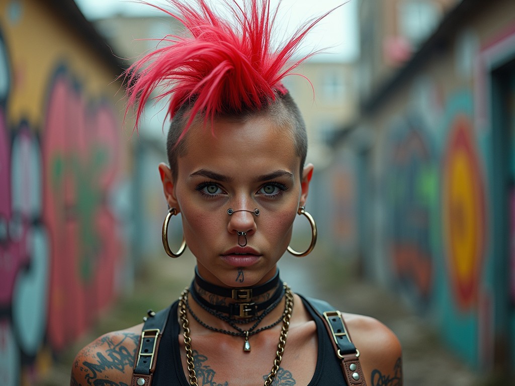 A striking image showcases an individual with a vibrant pink mohawk standing in a narrow urban alley. The person is adorned with piercings and tattoos, enhancing their punk appearance. The alley features colorful graffiti art on the walls, contributing to the edgy, rebellious ambiance of the scene.