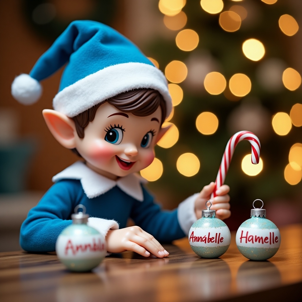 A charming Christmas elf dressed in cheerful blue attire, wearing a festive hat. The elf is focused on writing names on decorative baubles with a playful smile. Surrounding the elf is a beautiful wooden table with various holiday decorations, including sparkling ornaments. In the background, a cozy Christmas tree glimmers softly with lights, enhancing the festive mood. The elf holds a red and white candy cane, adding to the holiday charm. Two names being written on baubles are 'Annabelle' and 'Hailey', creating a personal touch for the season's festivities.