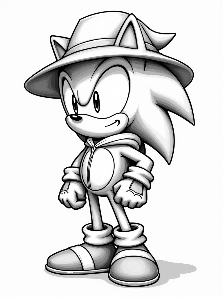 Character design featuring Sonic. Sonic wears a pith helmet. Sonic has a hoodie. No background included.