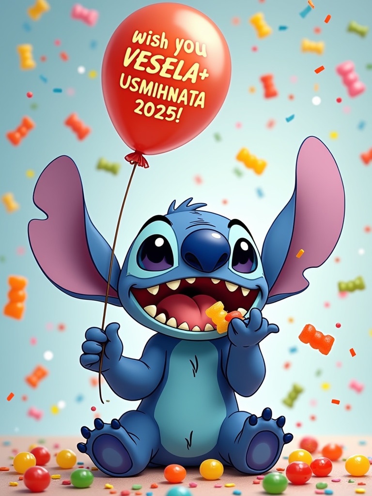 A blue alien character named Stitch with big ears. Stitch has a joyful expression, smiling widely. He is sitting down throwing gummy bears with one hand and holding a balloon with the message Wish you VESELA + USMIHNATA 2025! in the other hand. Confetti and gummy bears are scattered in the air around.