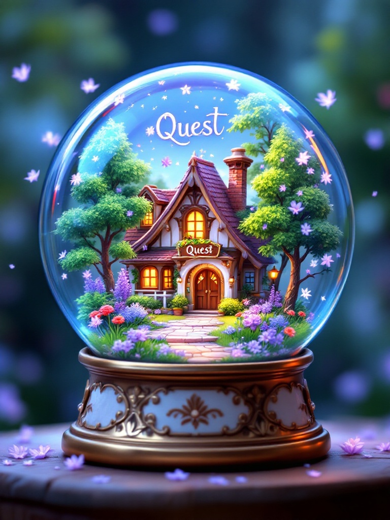 Enchanting summer-themed snow globe features whimsical storybook-style house. House is nestled among lush trees. House has inviting windows and warm colors. Inside globe delicate purple flowers swirl instead of snowflakes. A small intricately designed sign reads Quest at house entrance. Base of snow globe is elegant and understated.