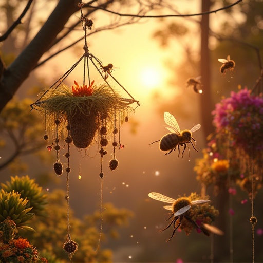 Illustration depicts bees in a mid-air marketplace. Delicate spider webs support stalls filled with exotic plants. Bees glide with gossamer wings. A setting sun casts an ethereal light on the scene.