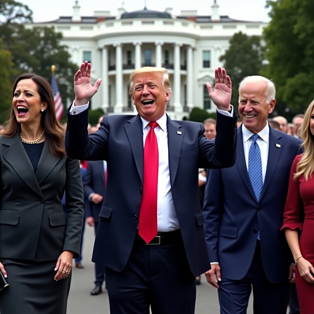 This image features a group of prominent political figures gathered in front of the White House. In the center, Donald Trump is smiling and celebrating, capturing a moment of joy. To his left, Kamala Harris is visibly emotional, expressing tears, and to his right, Joe Biden stands with a smile, showcasing camaraderie. Nearby, Taylor Swift adds to the mix, reflecting on the moment. The scene is set against the iconic backdrop of the White House, with bright daylight illuminating the event.