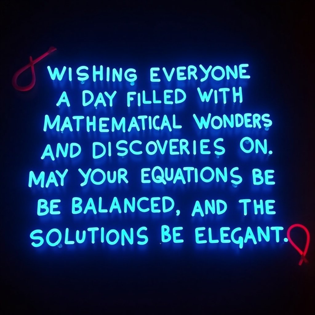 Wishing everyone a day filled with mathematical wonders in neon lights. Dark background enhances neon effect with red glow around letters. Bright blue glow illuminates the message.