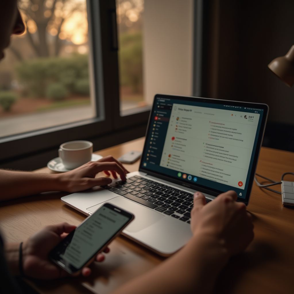 A person multitasks at a wooden desk, using both a laptop and smartphone with a messaging app open in a cozy, softly-lit room.