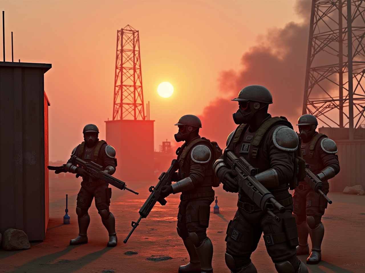 Imagine a raid scene inspired by the game Rust. The setting showcases a barren, desolate landscape with towering metal structures and some buildings emitting smoke from recent explosions. In the center, a group of players, clad in metal armor and gas masks, prepares for an imminent action, wielding dual rifles and rocket launchers. One player is focused on placing a charge on a wall while the others cautiously scan their surroundings. The low sun casts a dramatic fiery red glow across the scene, enhancing the gritty atmosphere filled with tension and imminent danger.