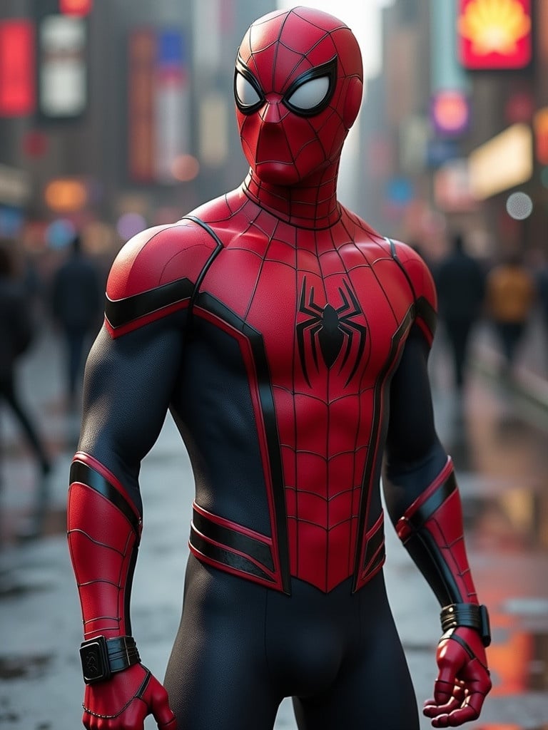 Highly detailed image of Spider-Man in a stylized suit. Spider-Man is standing confidently in an urban setting. The background shows city lights and a wet street reflecting colors. A high level of realism in the suit design.