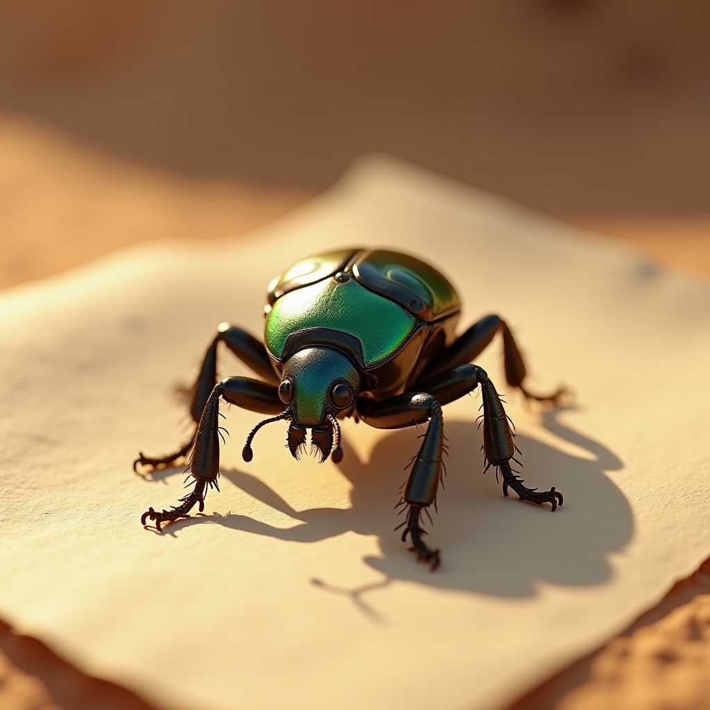 A vibrant green beetle with a metallic sheen sits on a piece of paper in the warm sunlight.