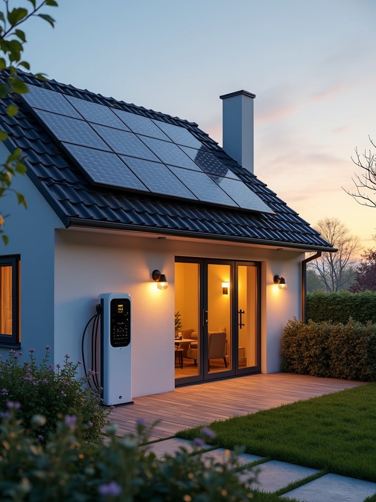 Image of a house with solar panels on the roof and an electric vehicle charger. Evening setting with warm lights. Represents New Year 2025 wishes related to sustainability.