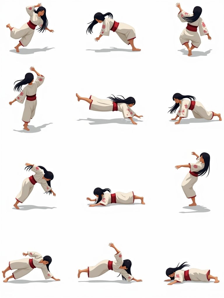 16-frame sprite sheet showcases female fighter falling backward. Character wears traditional Japanese white kimono with colorful motifs. An obi is tied around her waist. White hakama completes the outfit. Long black hair flows as she descends. The sprite is arranged in a 4x4 grid showing progressive motion. Movement starts upright and culminates with her on the ground, left hand on the obi. Frames evenly spaced for animation use.