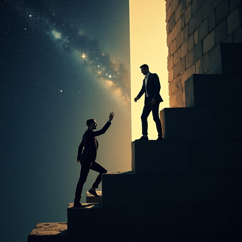 Men climb stairs toward a bright light. Dark starry background highlights their ascent. Focus on the journey and aspirations.