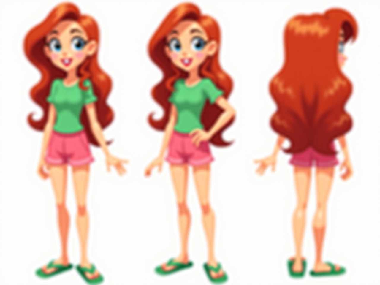 This is a turn-around sheet for a cartoon character. The character is a college girl with long, vibrant red hair and red lipstick. She is wearing a casual green t-shirt and light pink shorts, accompanied by green flip-flops. The sheet displays three views: front, side, and back, highlighting her fun and youthful style. This character could be used in an animation or as part of merchandise aimed at a younger audience.