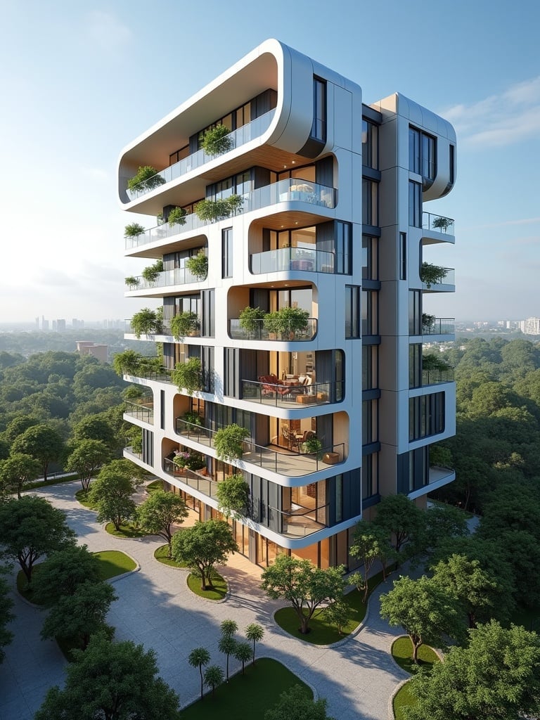 Modern multi-story building with apartments and glass windows. Balconies filled with greenery. Surrounded by trees and pathways. Inviting atmosphere for urban living. Aerial view showcasing architectural design. Contemporary look with featured landscaping and sustainability aspects.