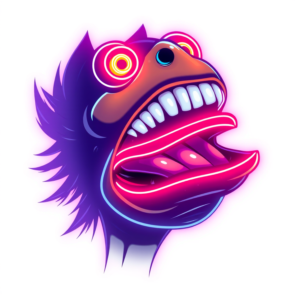 A colorful, glowing creature with wide eyes and a big open mouth glows brightly.