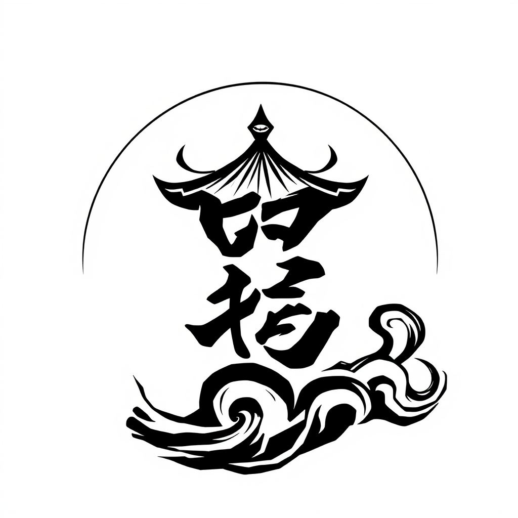 A black and white illustration featuring a stylized pagoda, Chinese characters and swirling cloud-like designs within a circular frame.