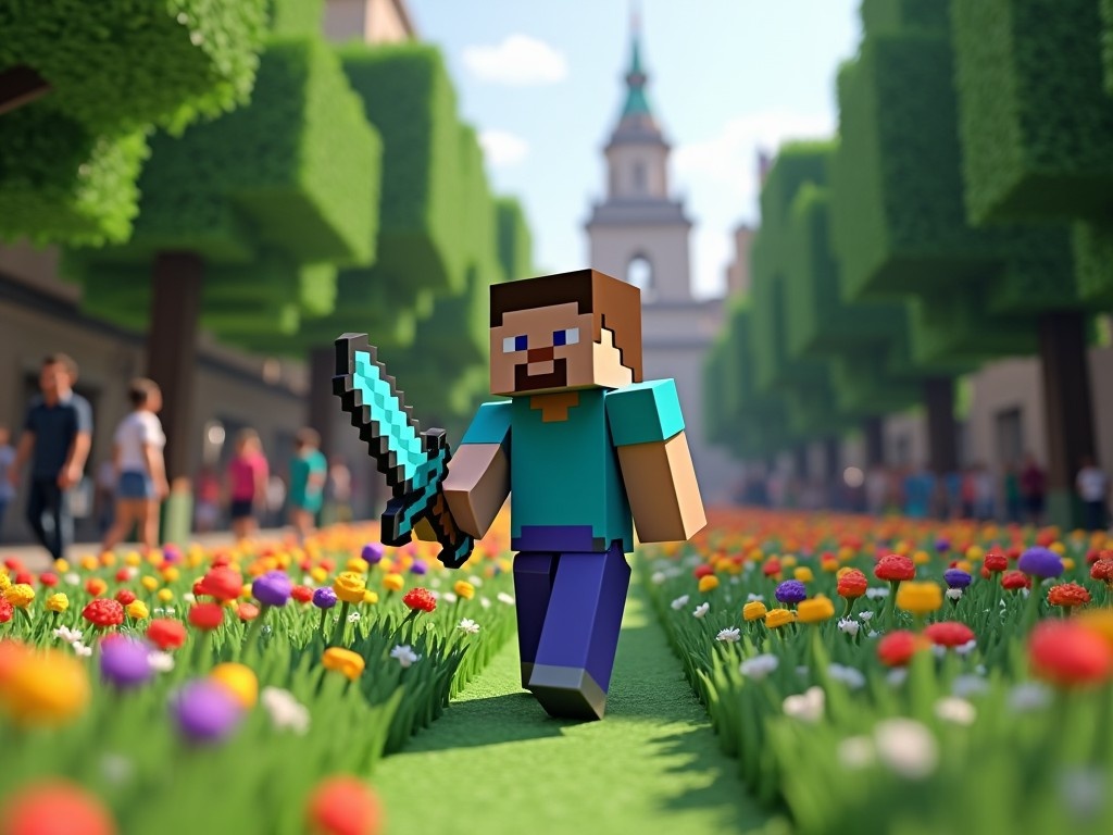 In this vibrant scene, a pixelated character resembling Steve from Minecraft walks through a beautiful, flower-filled pathway in a real-world setting. He holds a shimmering sword, ready for adventure. Lush green trees frame the background, and cheerful onlookers stroll through the picturesque environment. The colors are bright and evoke a sense of playfulness. This artwork creatively merges the Minecraft universe with realistic elements, showcasing a whimsical blend of virtual and real-life experiences.