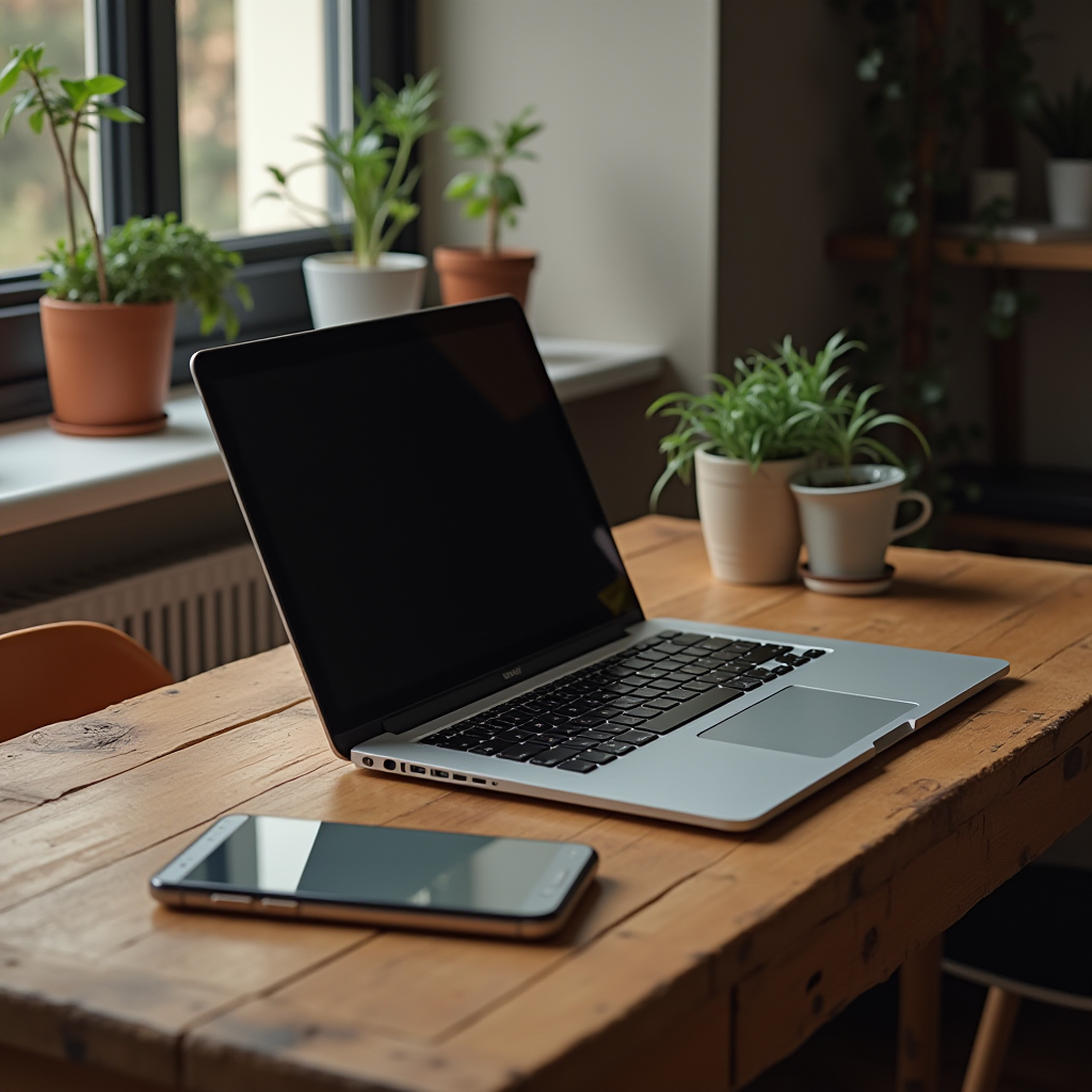 A cozy workspace with a laptop and smartphone on a wooden table, surrounded by potted plants.