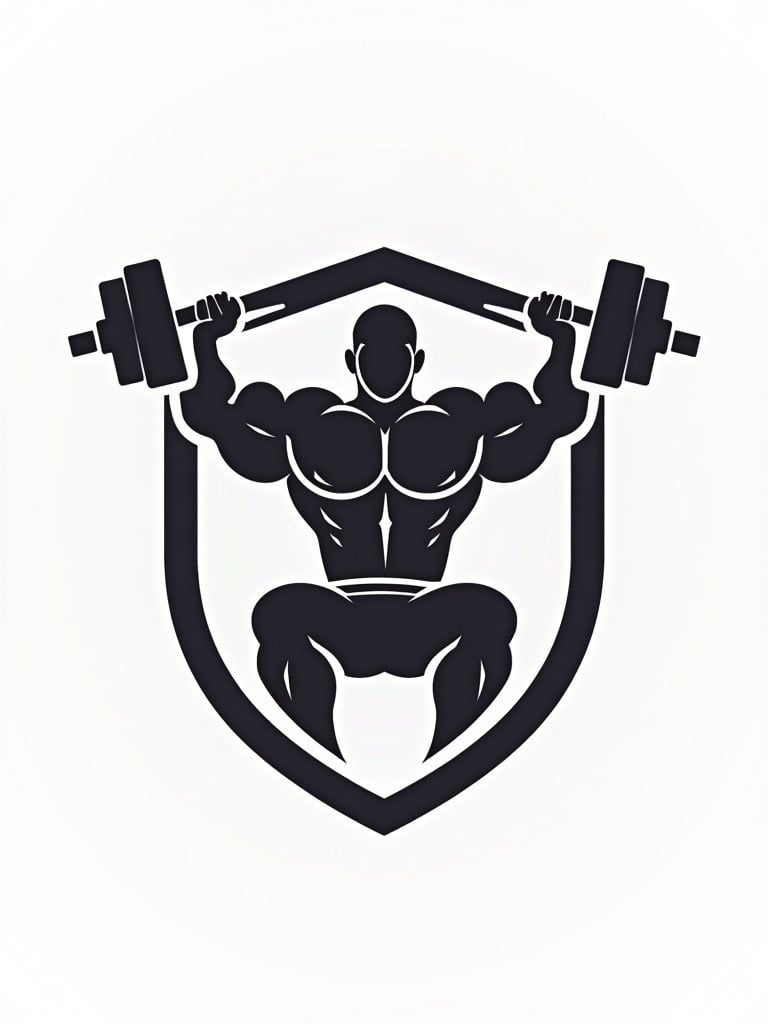 Logo design featuring a strong muscular figure lifting a barbell. The background is white. The figure is centered within a shield shape. The design is meant for a strength app.