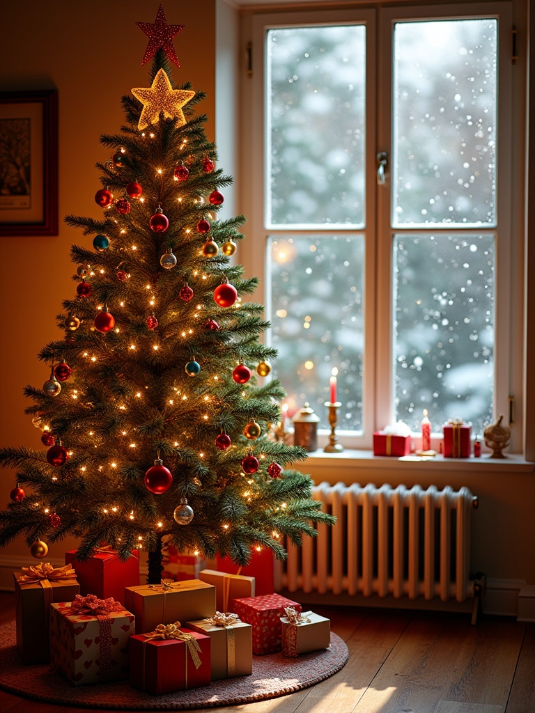 Beautifully decorated Christmas tree by a cozy window with colorful ornaments. Twinkling lights create a warm atmosphere. Various wrapped presents under the tree invite excitement. Outside the window, falling snow adds a magical touch. The room is warm and cheerful, ideal for Christmas celebrations.