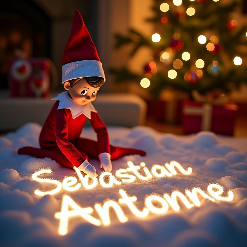 A whimsical Elf on the Shelf dressed in red writing names in snow. Names are illuminated in cursive letters. Background has a decorated Christmas tree. Setting evokes a warm holiday atmosphere. Delightful scene captures Christmas joy.