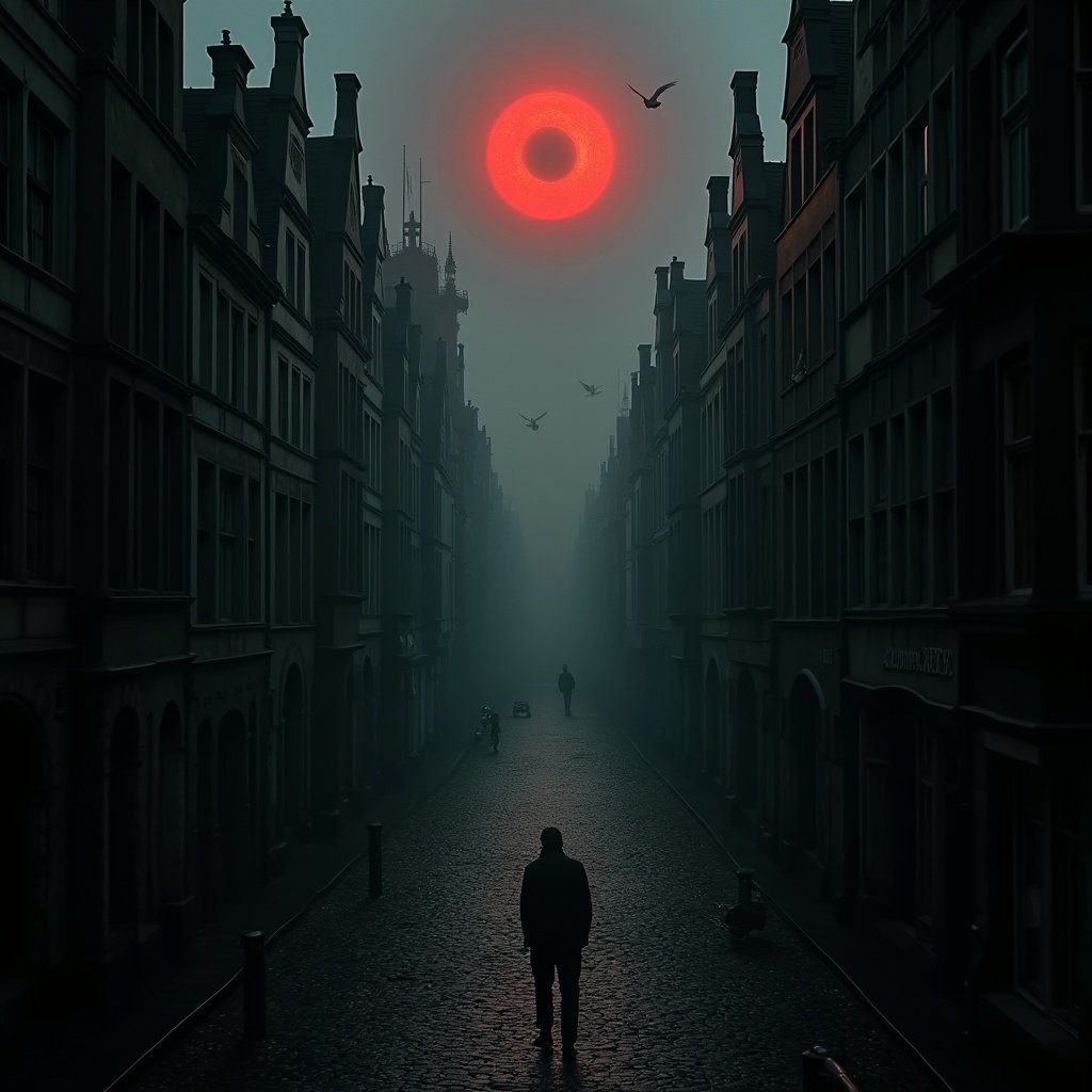 Create a cinematic image depicting Brussels in a dark, sinister atmosphere. Include a large red eye similar to the one from Lord of the Rings hovering above. A solitary man is seen climbing down a gutter in a deserted street filled with fog.