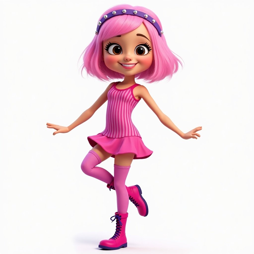 Cartoon character with pink hair and playful outfit demonstrates an energetic pose. She is wearing a pink dress and tights with a purple headband. The character is smiling and engaging with the viewer.