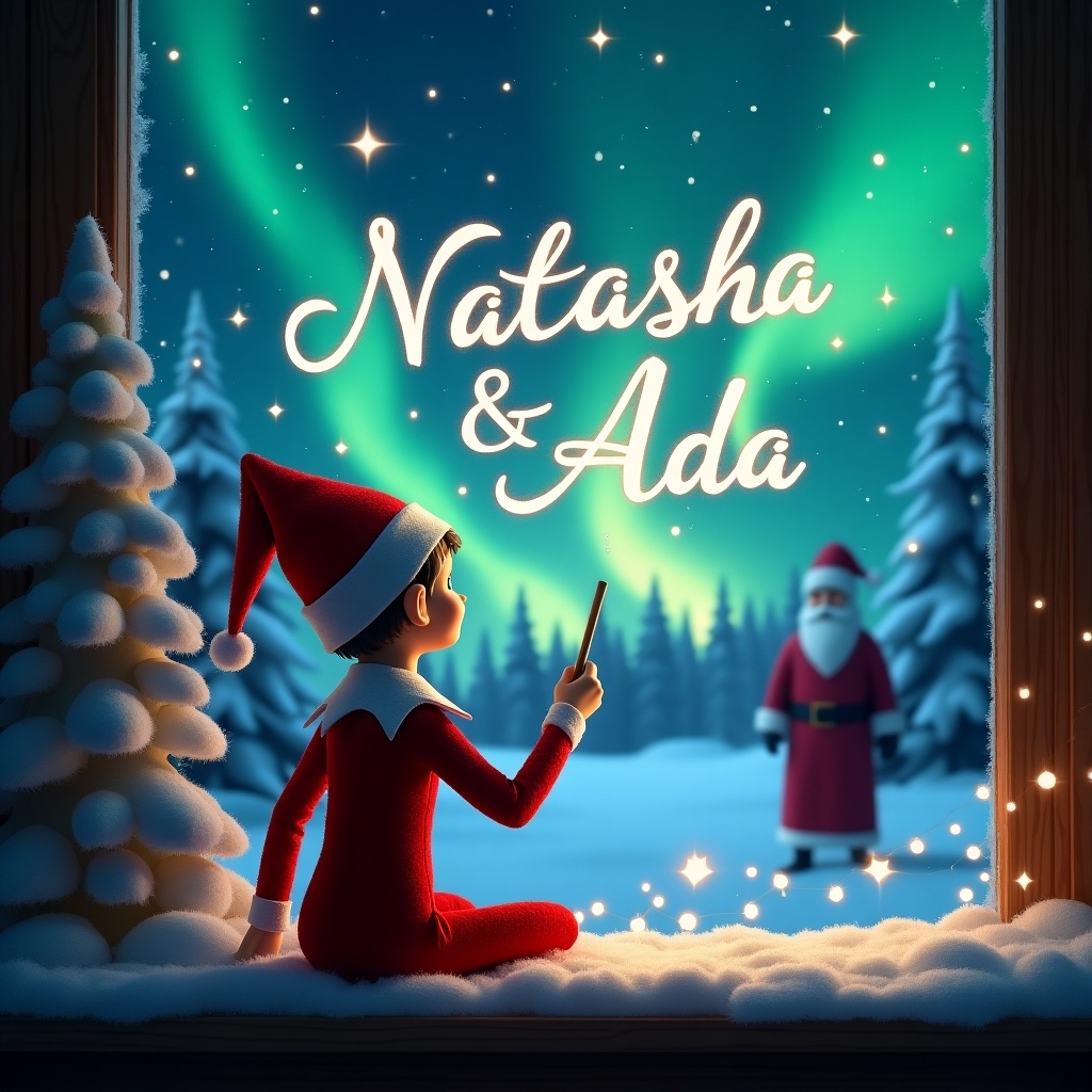 Image of an elf facing a magical winter night sky. Elf in red outfit uses a wand to write names. Background features northern lights. Snow-covered trees surround the elf. Silhouette of Santa in the distance.