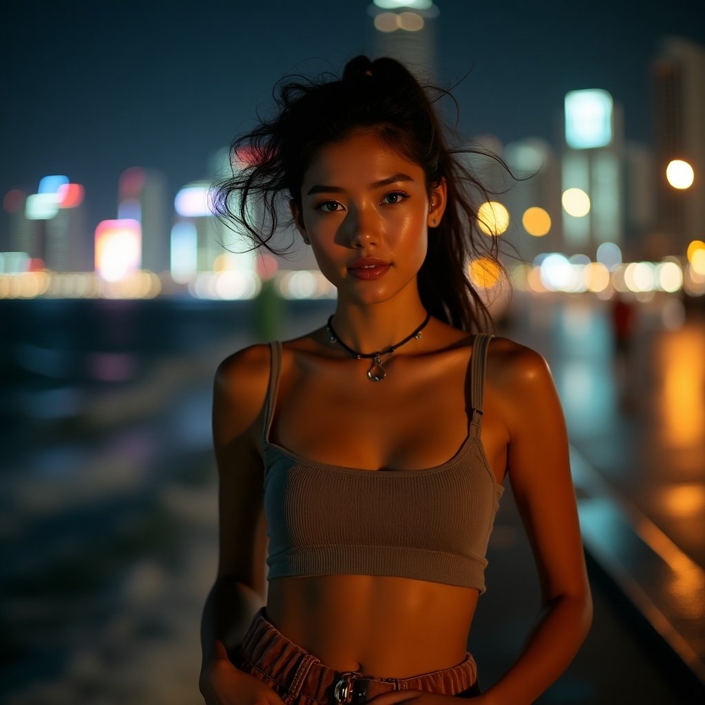 Image shows young woman standing in front of a night cityscape. She has warm brown skin and wears a midriff top and harem pants. Background has illuminated streets and city lights. She adjusts her belt confidently. Her quiff haircut and emerald green eyes stand out in the light.