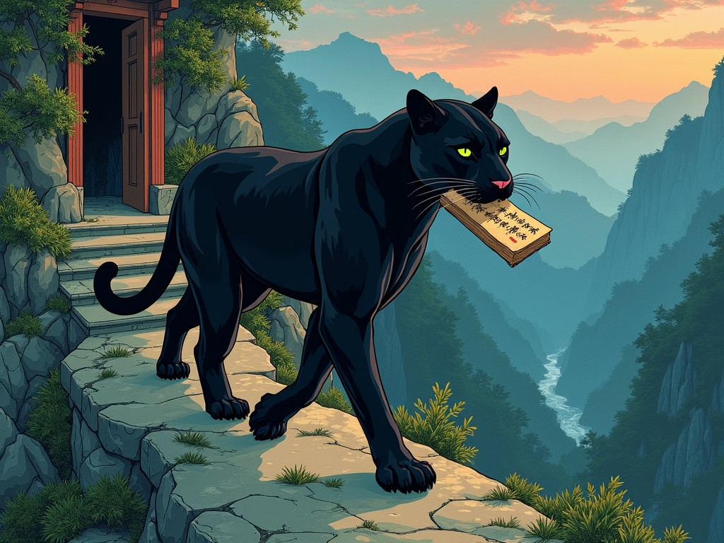 A sleek black panther elegantly strides along a stone path in a tranquil mountain setting, carrying a wooden plaque in its mouth. The lush greenery and open doorway add mystery to the scene, while the vibrant sunset sky paints a dramatic backdrop. This creates a sense of wonder and curiosity.