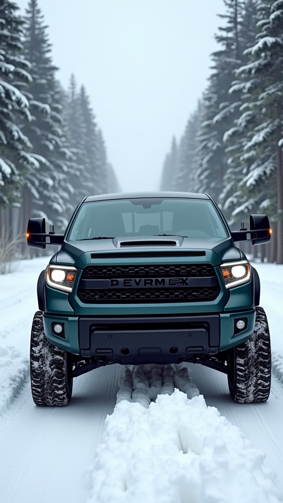 A rugged truck drives through a snowy forest with tire tracks in fresh snow.