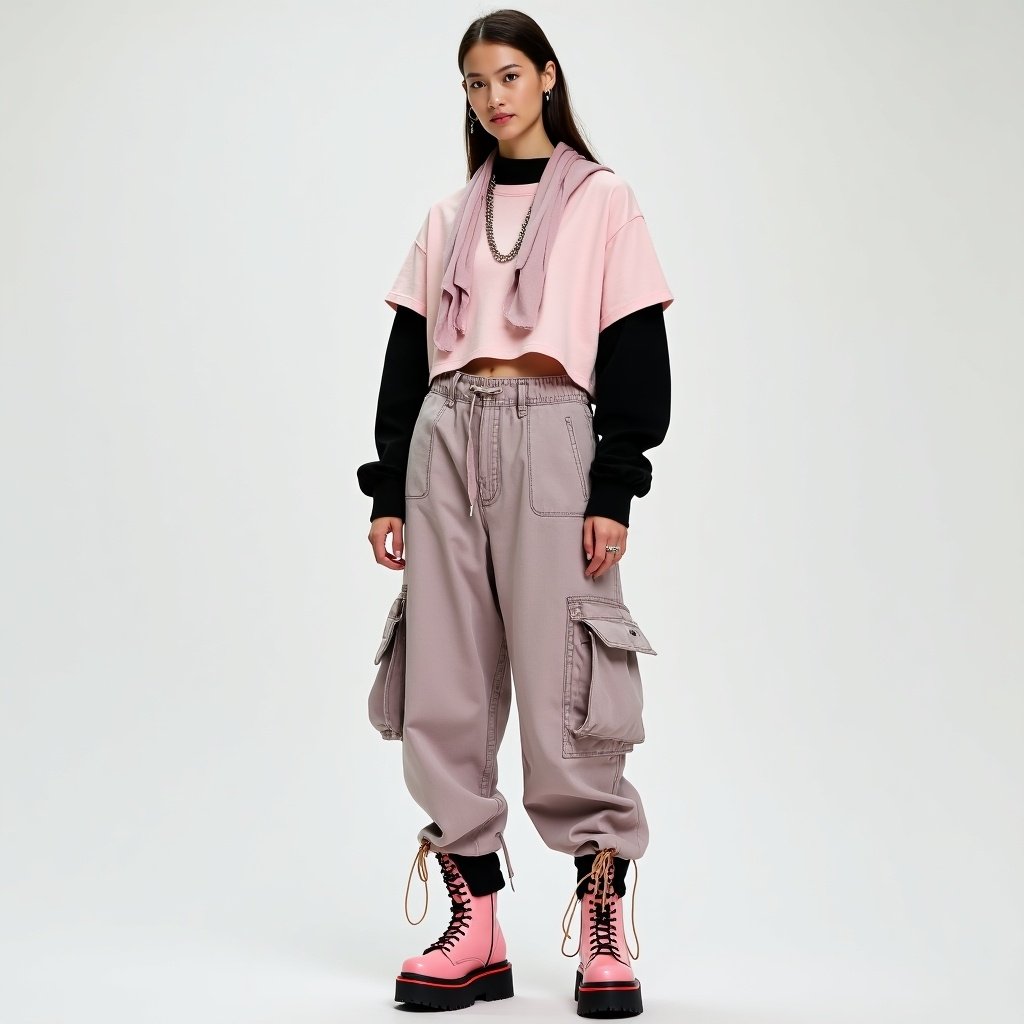 A model poses confidently. Wearing a light pink cropped t-shirt over a black long-sleeve shirt. Pants are light-washed baggy pink-gray cargo with oversized pockets. Accessories include silver rings, chain bracelets, and a loose pale pink scarf. Footwear are chunky platform boots in soft pink with black details.