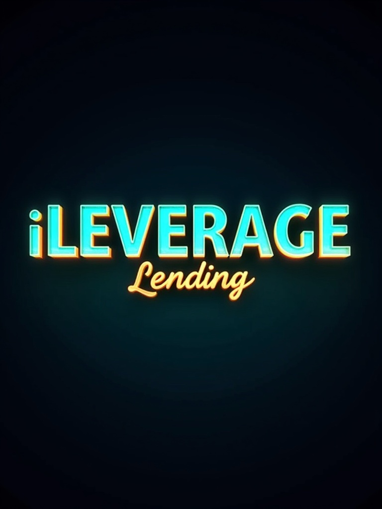 Text reads iLeverage Lending in gold and teal color. Text has shiny effect with vibrant blue and teal light. Background is dark. Design conveys luxury and professionalism.