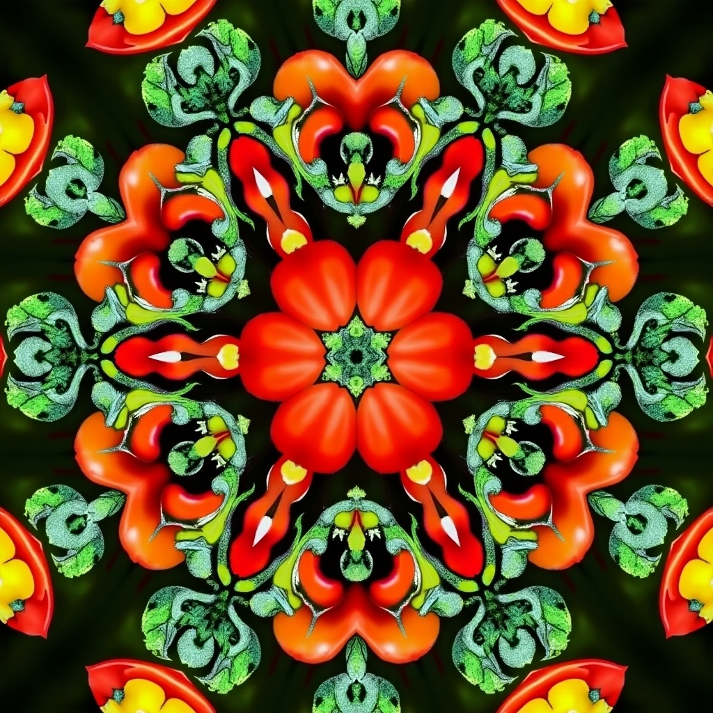 Colorful vegetables arranged in a kaleidoscope on a bright green background. Striking designs and vibrant colors swirl together. Central floral-like arrangement with radiating shapes. Deep black background enhances color brightness. Kaleidoscope evokes wonder and creativity.