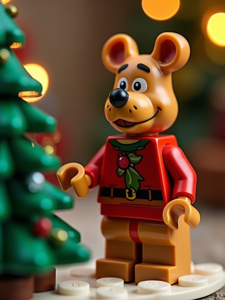 Lego figure resembling a bear with a smiling face. Figure dressed in a red shirt with Christmas details. Positioned near a Christmas tree and appears to wave.