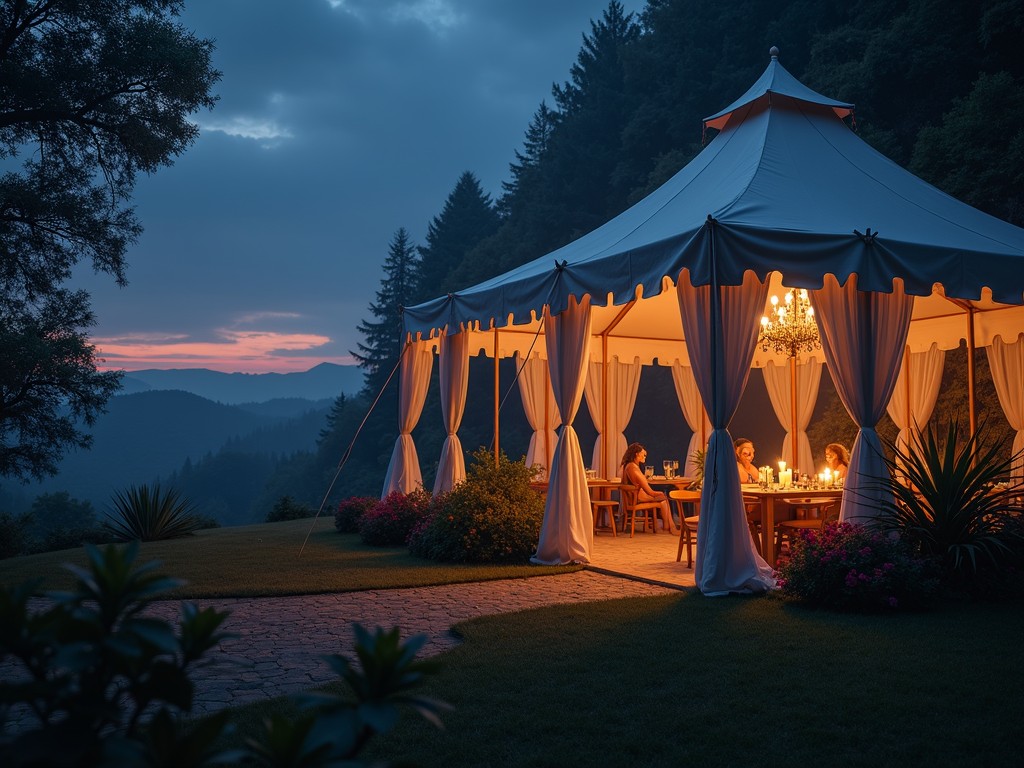 This image captures a serene outdoor evening gathering under a beautifully lit canopy tent set against a backdrop of lush green hills. The warm glow from the chandelier and candles inside the tent contrasts with the cool, dusky blue scenery outside, creating a harmonious blend of tranquility and elegance. The setting is intimate, suggesting a special celebration or dinner among friends or family.