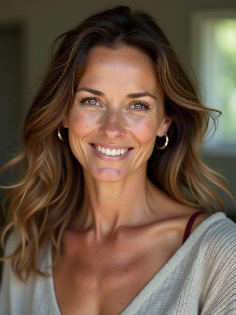 Image of a young woman in her mid-50s with realistic features and soft skin texture. Minimal makeup and natural colors used. She has long wavy brown hair styled casually. The expression is friendly and candid, set in a softly lit environment with a natural backdrop. Pose is relaxed and casual highlighting details like light freckles and hair flyaways.