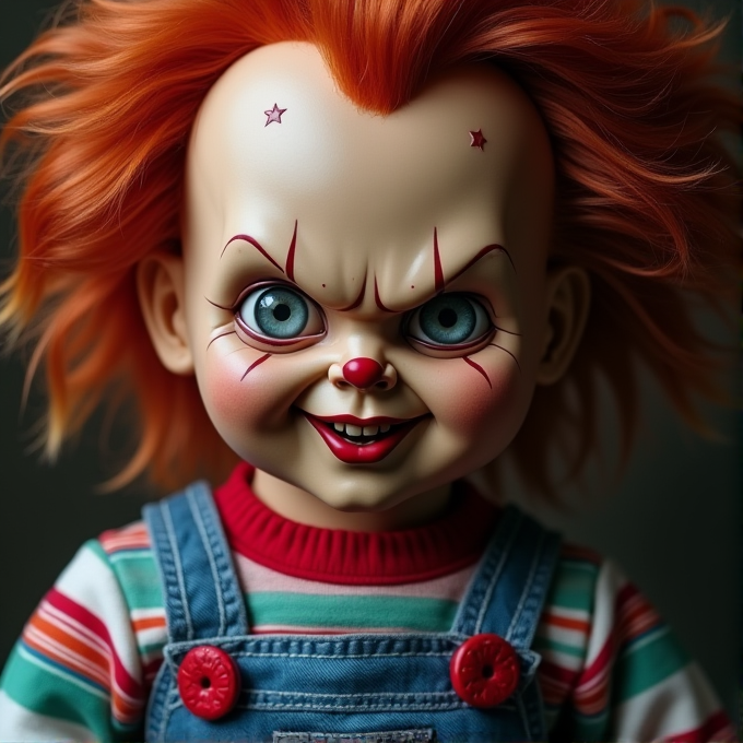 A doll with orange hair, blue eyes, and a mischievous grin, dressed in overalls and a colorful striped shirt.