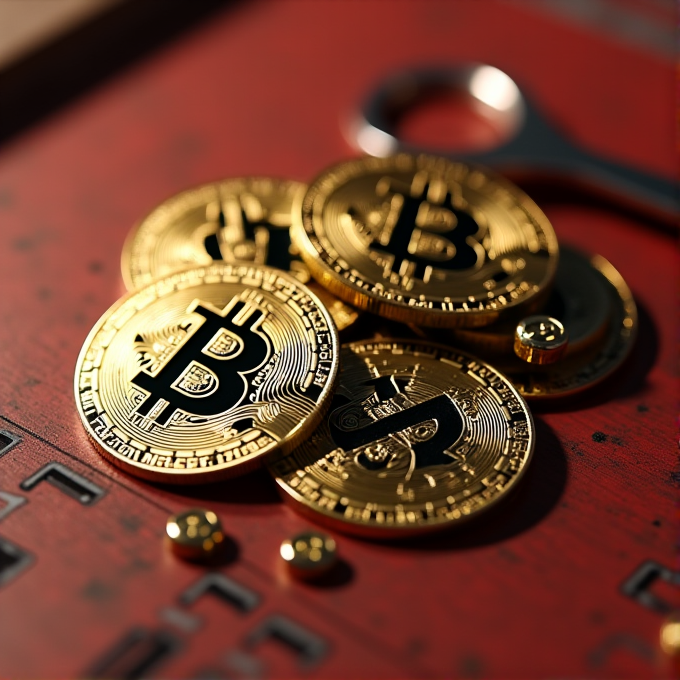 Several shiny gold coins with Bitcoin symbols lie on a red textured surface.