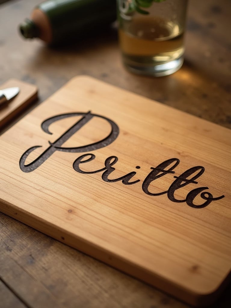 Cursive name Peritto engraved on wooden cutting board. Scene includes a glass and a green vegetable. Warm natural light enhances the wooden texture.