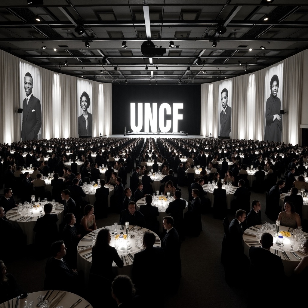 The image depicts a grand banquet hall filled with elegantly dressed attendees seated at long rectangular tables. The walls are adorned with stunning black and white portraits of African American graduates, celebrating their achievements. At the forefront, large illuminated letters spelling 'UNCF' add a bright focal point. The atmosphere is enhanced by soft, ambient lighting that creates an inviting ambiance. The arrangement suggests a formal yet celebratory event dedicated to education and community support.